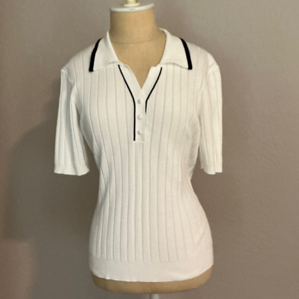 Adrianna Papell White Button Down Shirt with Black Trim